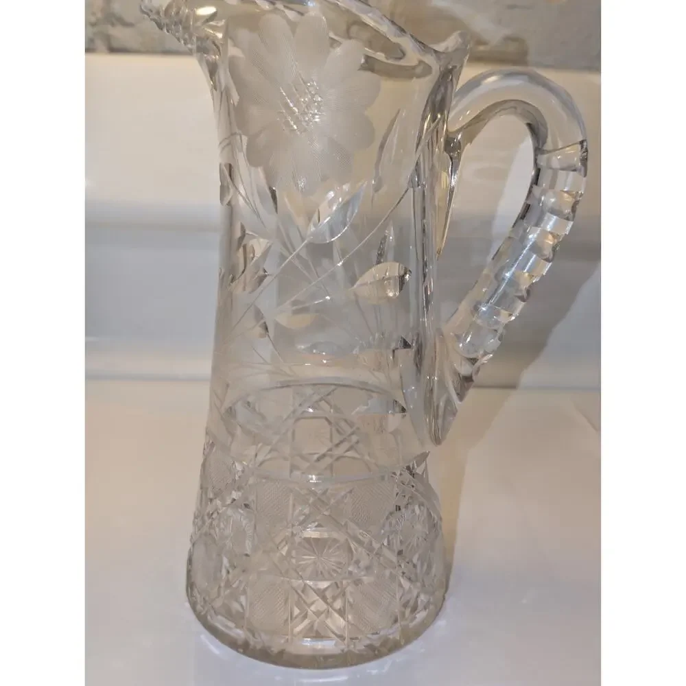 Antique American Brilliant Period Cut Water Pitcher Etched Daisy Diamond 11.5